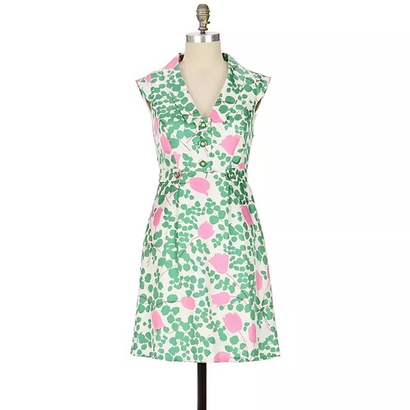 MOULINETTE SOEURS Anthropology Women's Green & Pink Leaf Floral Print Dress 4 - Picture 1 of 11